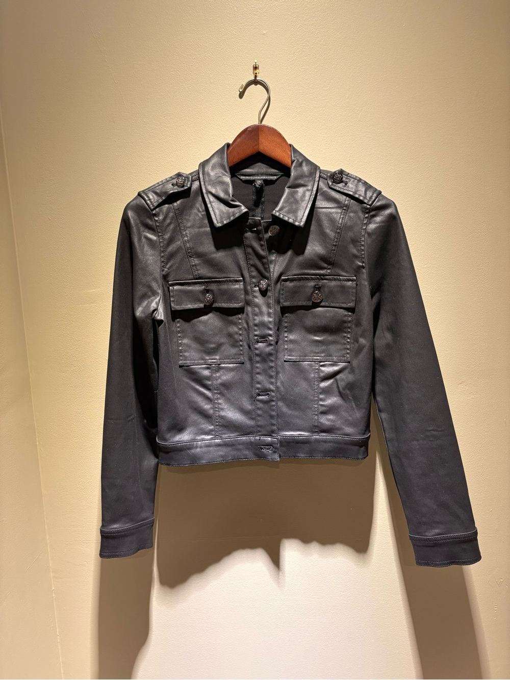 White House Black Market Black‎ Coated Denim Cropped Jacket